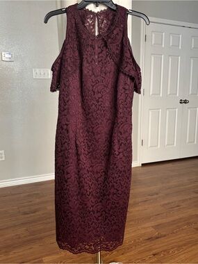White House Black Market Burgundy Lace Cold-Shoulder Midi Dress